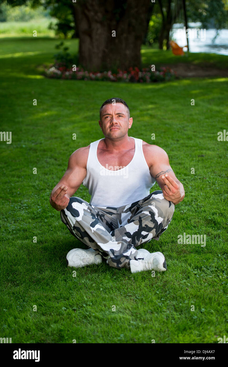 Bodybuilder Practicing Yoga Stock Photo Alamy