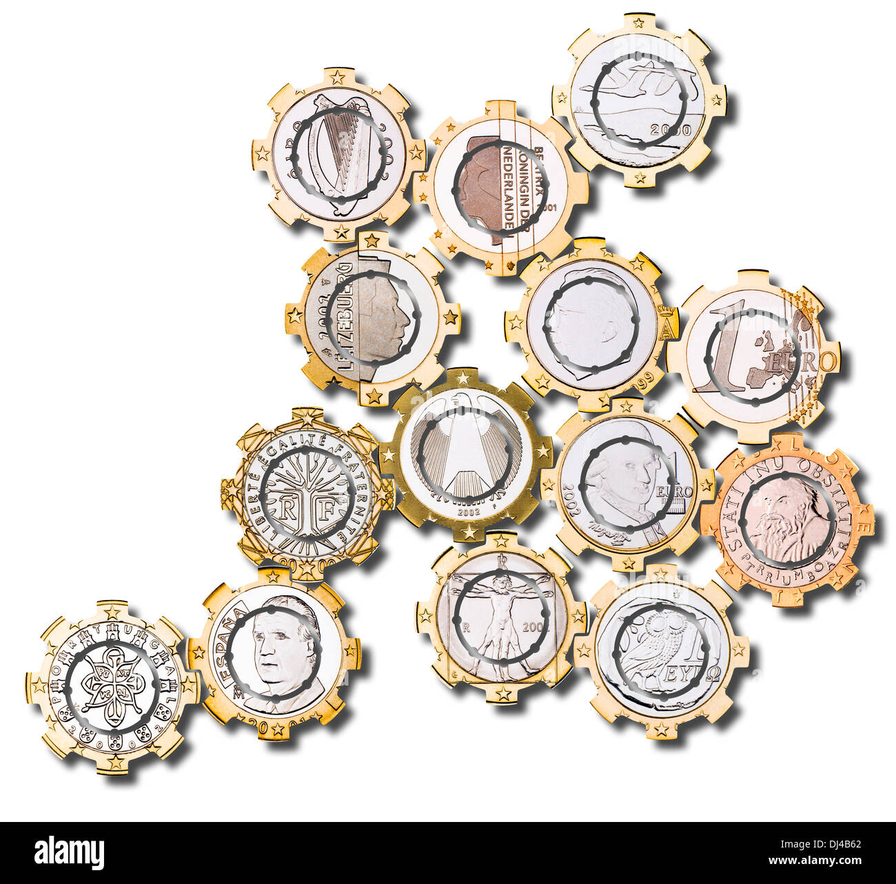 Euro coins in the shape of interlinked cogs Stock Photo