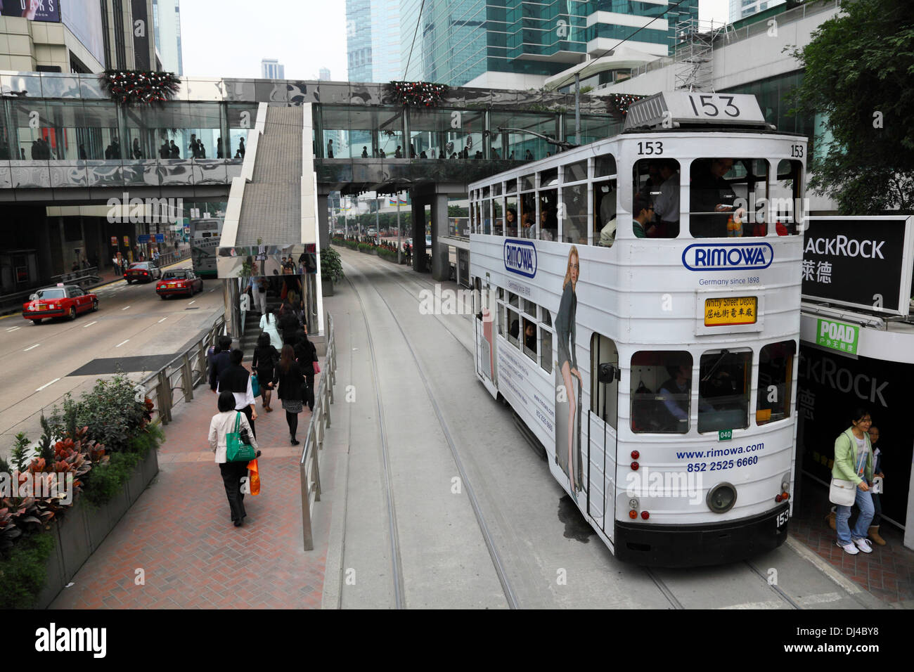 Double decker tramway downtown in Central Hong Kong, China Stock Photo