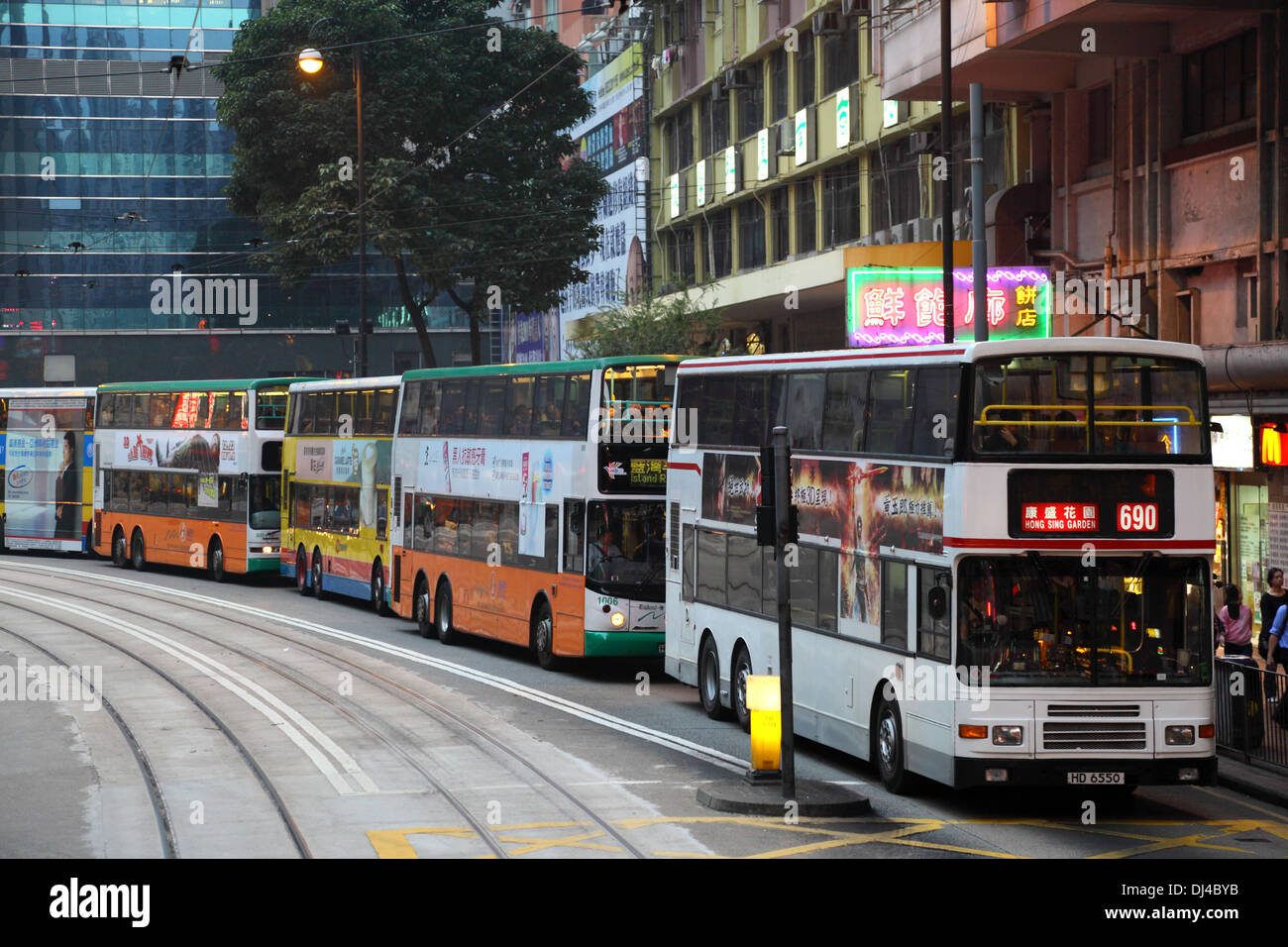 Double decker buses downtown in Central Hong Kong, China Stock Photo