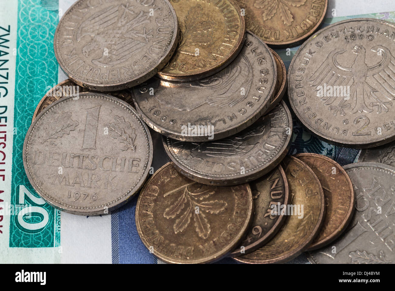 A close up photograph of some Deutsche Mark (Deutschmark; German Mark). Stock Photo