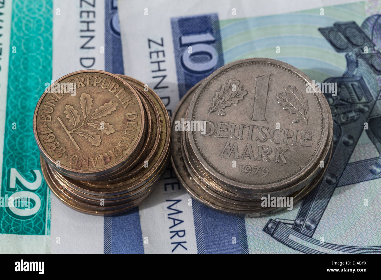 A close up photograph of some Deutsche Mark (Deutschmark; German Mark). Stock Photo