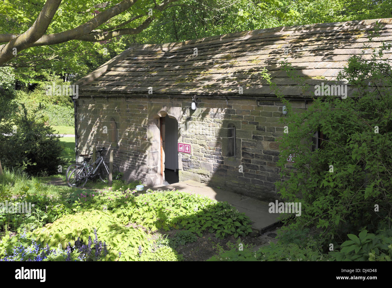 Entrance to the toilet block at East Riddleston Hall, Keighley, Yorkshire Stock Photo