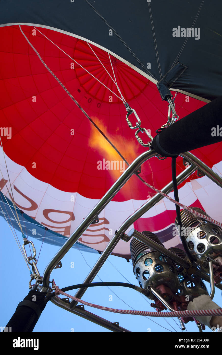 Hot air balloon with burner and flame Stock Photo