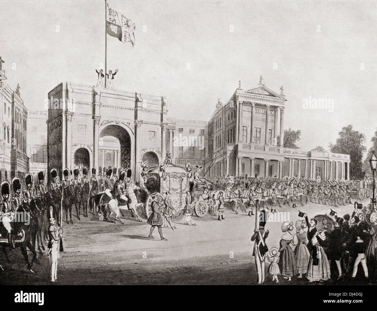 Coronation procession of Queen Victoria in 1838, leaving Buckingham Palace through the Marble Arch. Stock Photo