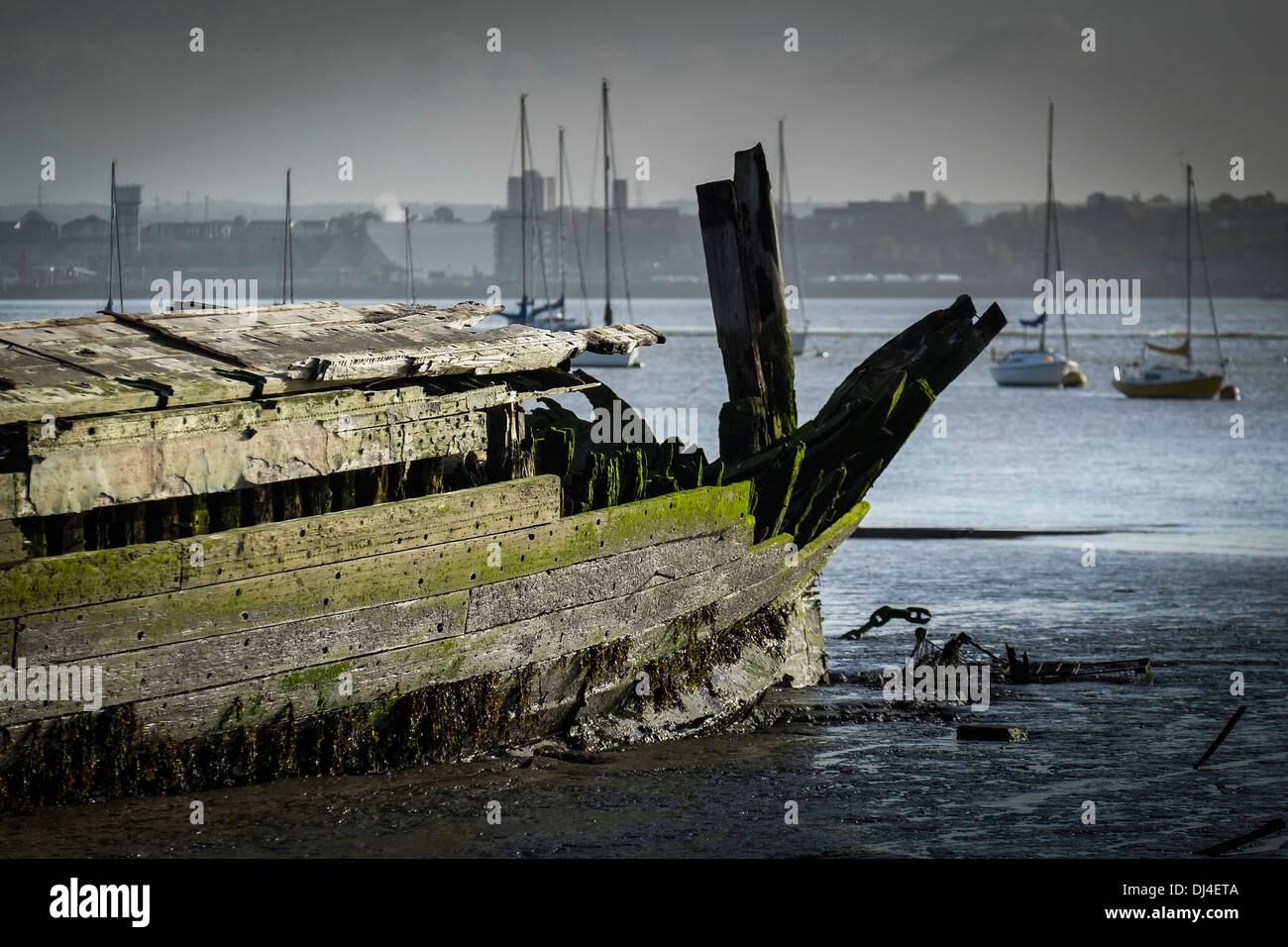 The remains of the LV 38 Gull on the foreshore of the River Thames in Grays. Stock Photo