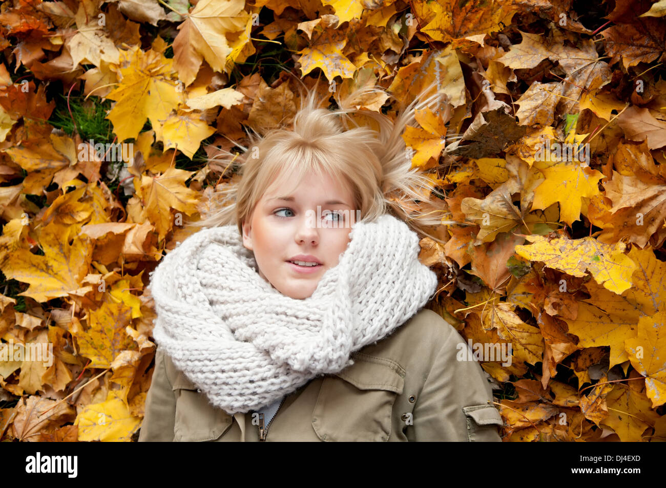 young woman lying in autumn leaves Stock Photo - Alamy