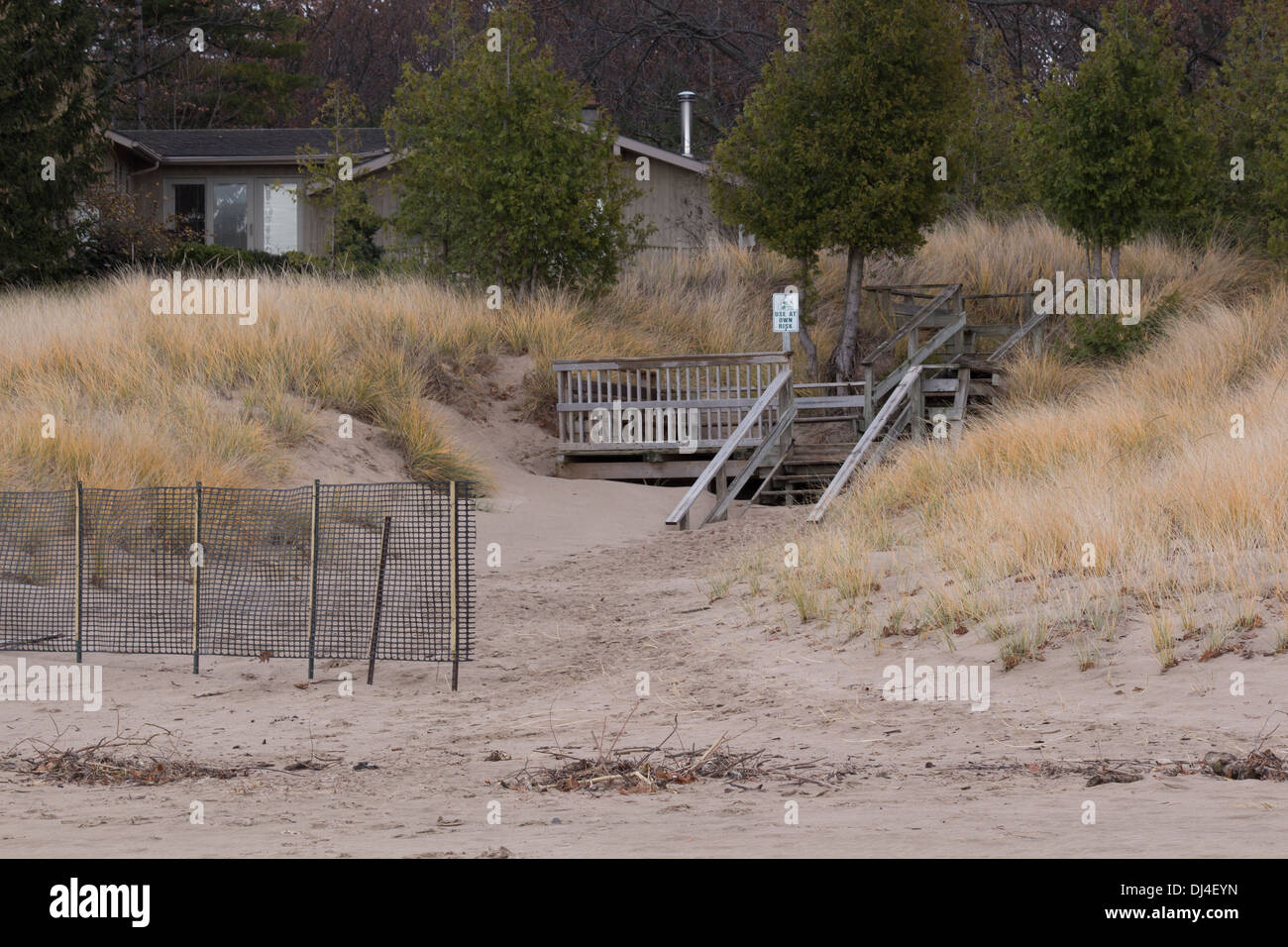 Stairs Leading Up From Beach At Grand Bend Ontario With Snow Fence