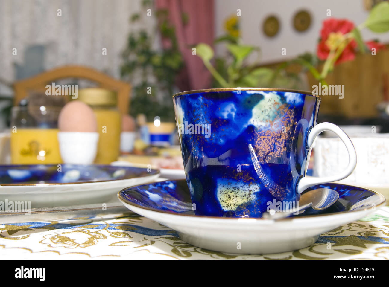 blue cup on the breakfast table Stock Photo