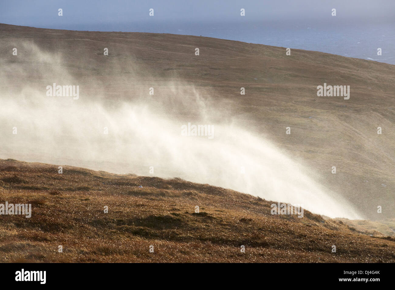 Moorland stream waterfalls on the coast at Stoer in Assynt, Scotland, UK, blowing uphill in storm force winds. Stock Photo