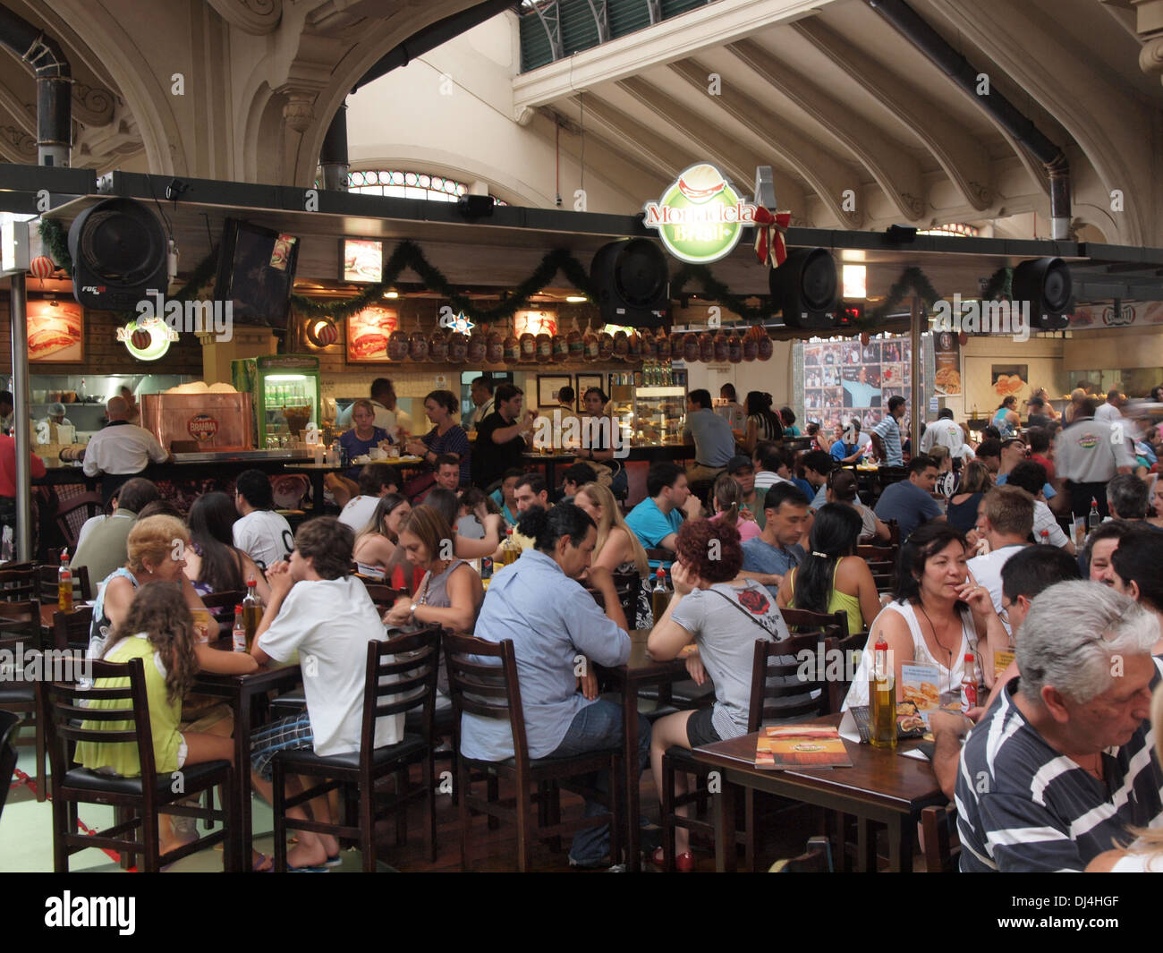 Brazilians relax in the cafe inside the CEASA food market in Sao Paulo Stock Photo