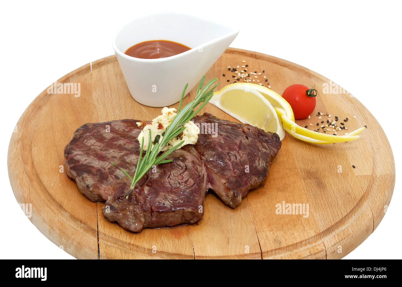 Steak sauce and greens on a white background Stock Photo Alamy