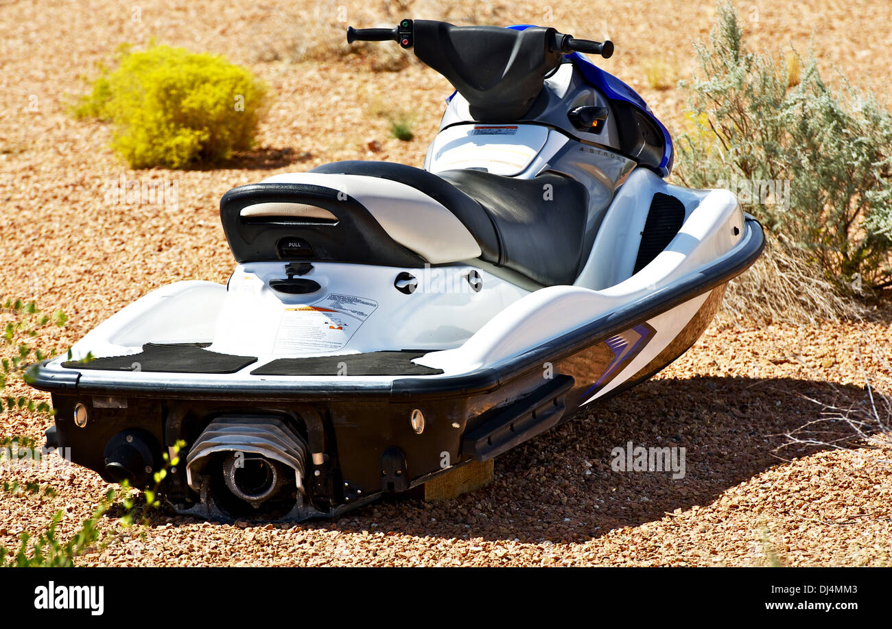 Jet Ski on Land. Four Stroke Engine Jet Ski Parked on a Beach Stock