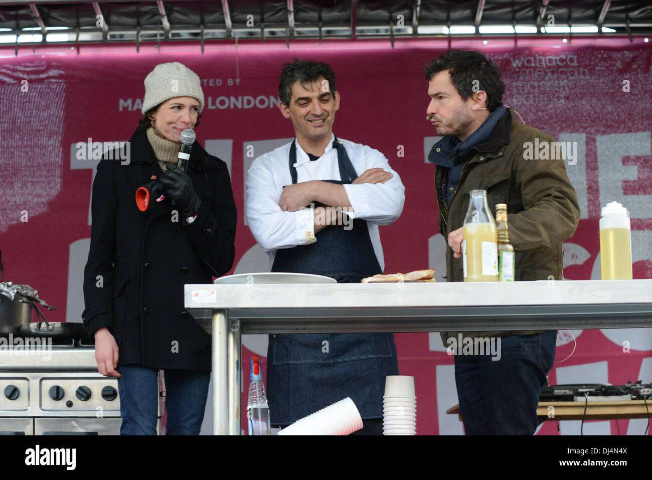 The Pig Idea Feast, Trafalgar Square, London, 21/11/1023 Thomasina Miers, Bruno Loubet and Giles Coren on a stage Stock Photo
