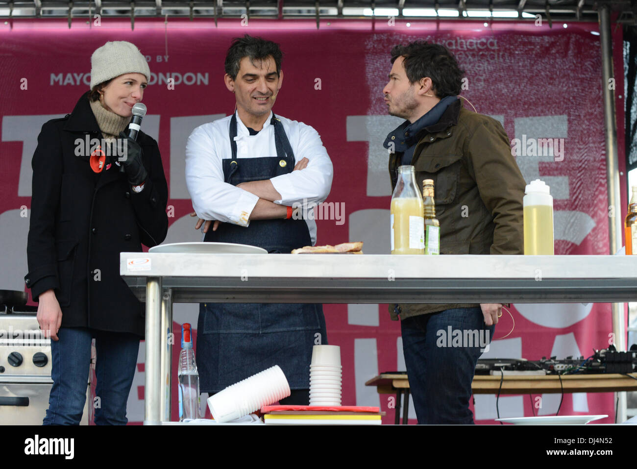 The Pig Idea Feast, Trafalgar Square, London, 21/11/1023 Thomasina Miers, Bruno Loubet and Giles Coren on a stage Stock Photo