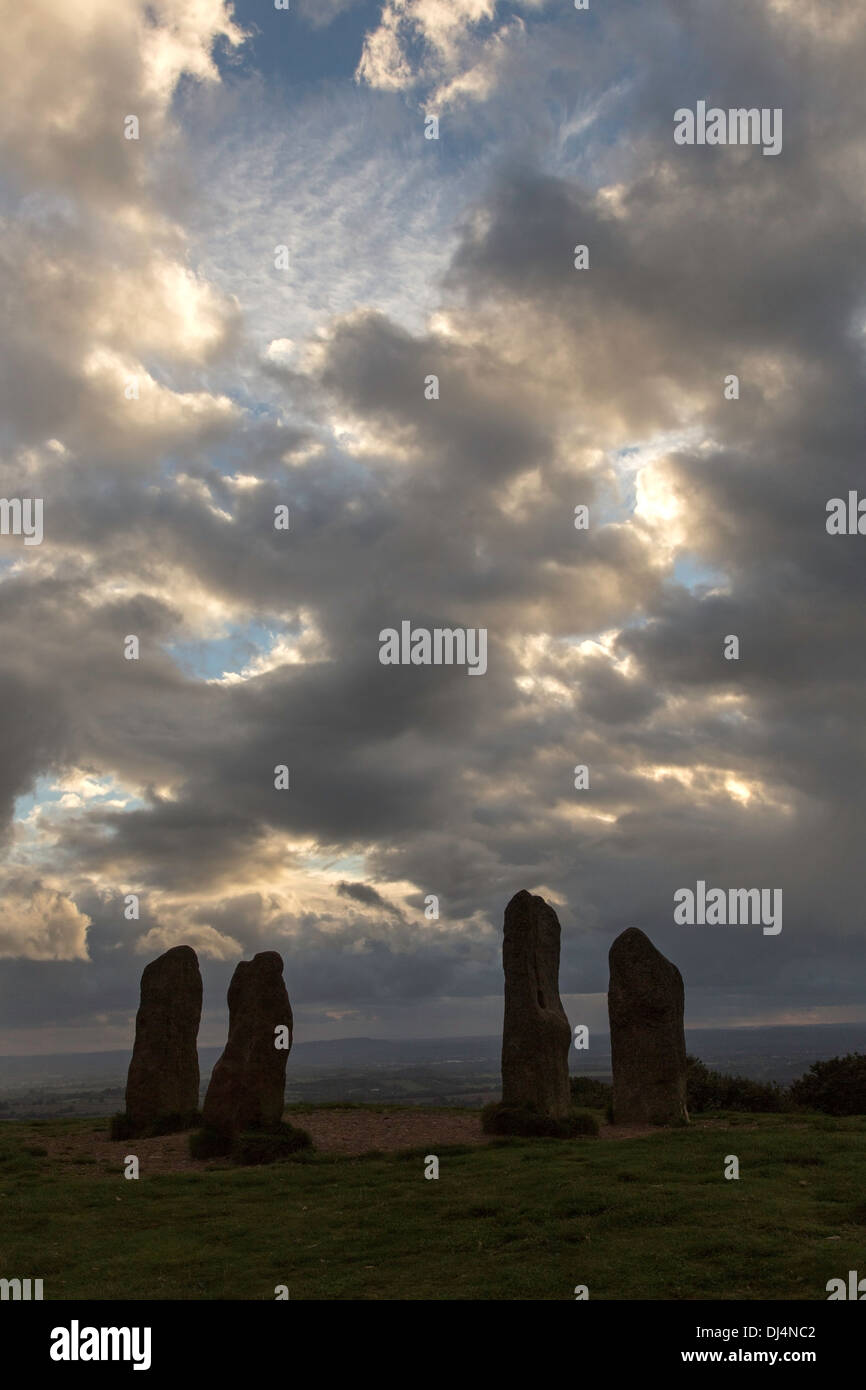 The Clent Hills four standing stones at dusk, Worcestershire, England, UK Stock Photo