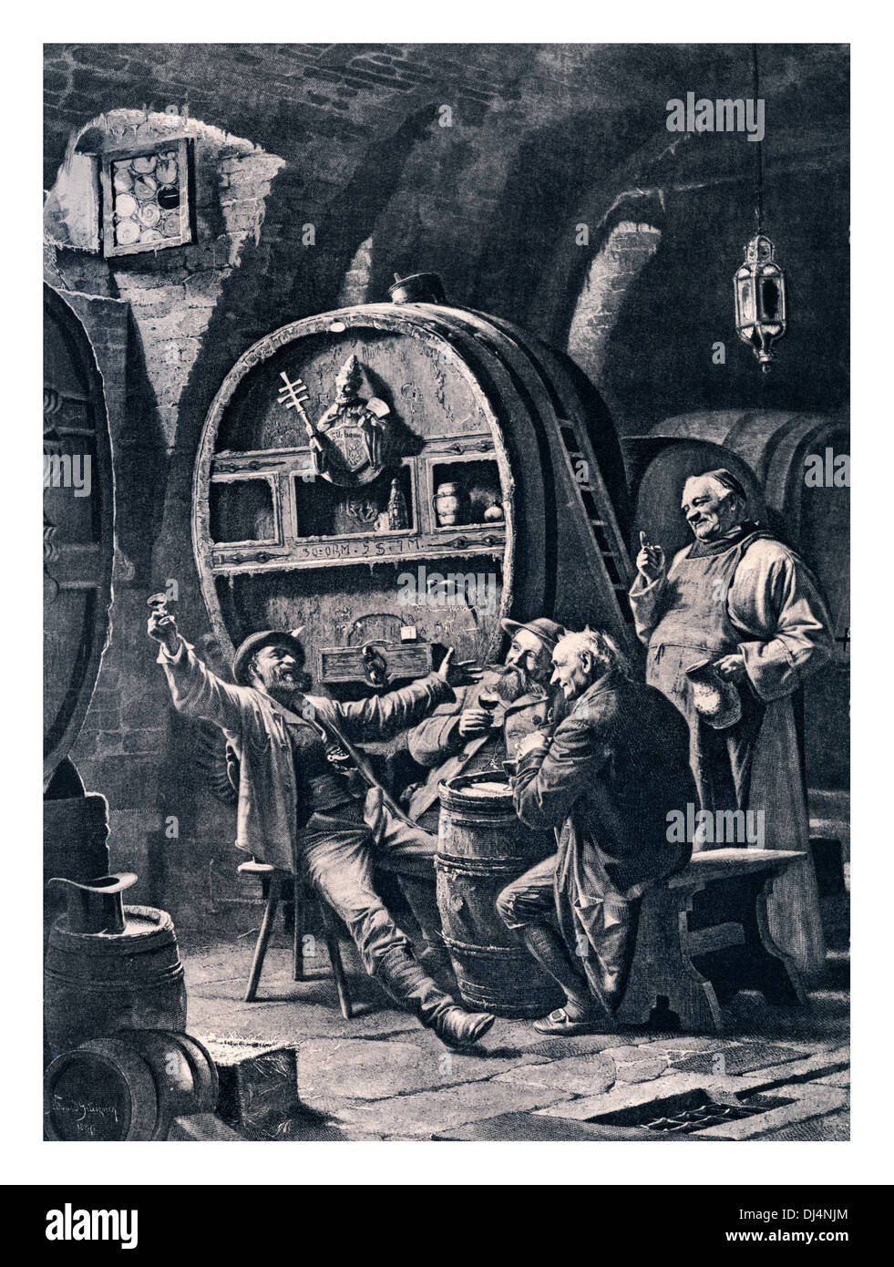 19th Century poster etching of French wine cellar bar with lively drinkers and Abbott serving alcohol with old wine barrel behind Stock Photo