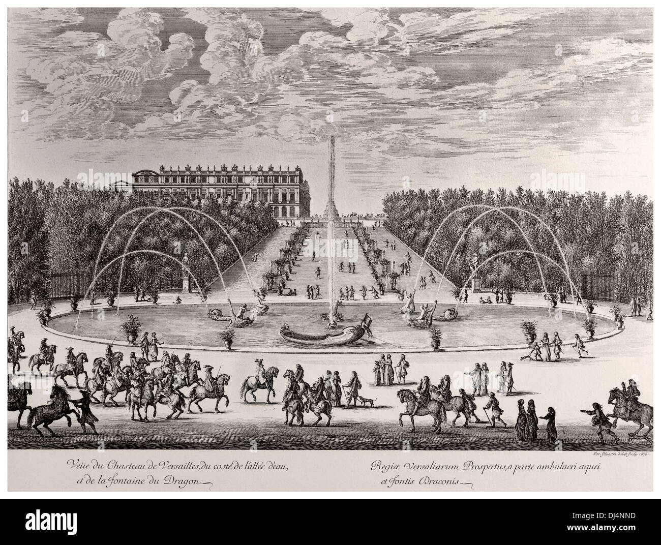 Chateau Versailles 1676 etching by renowned Israel Silvestre featuring the Fountain of the Dragon in foreground Stock Photo