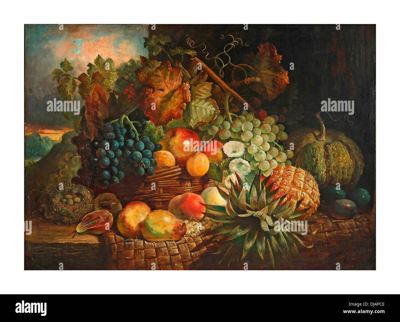 Fruits Victorian oil painting still life of variety of  lush luxury rare fruits including grapes pineapple pomegranates and apples Stock Photo