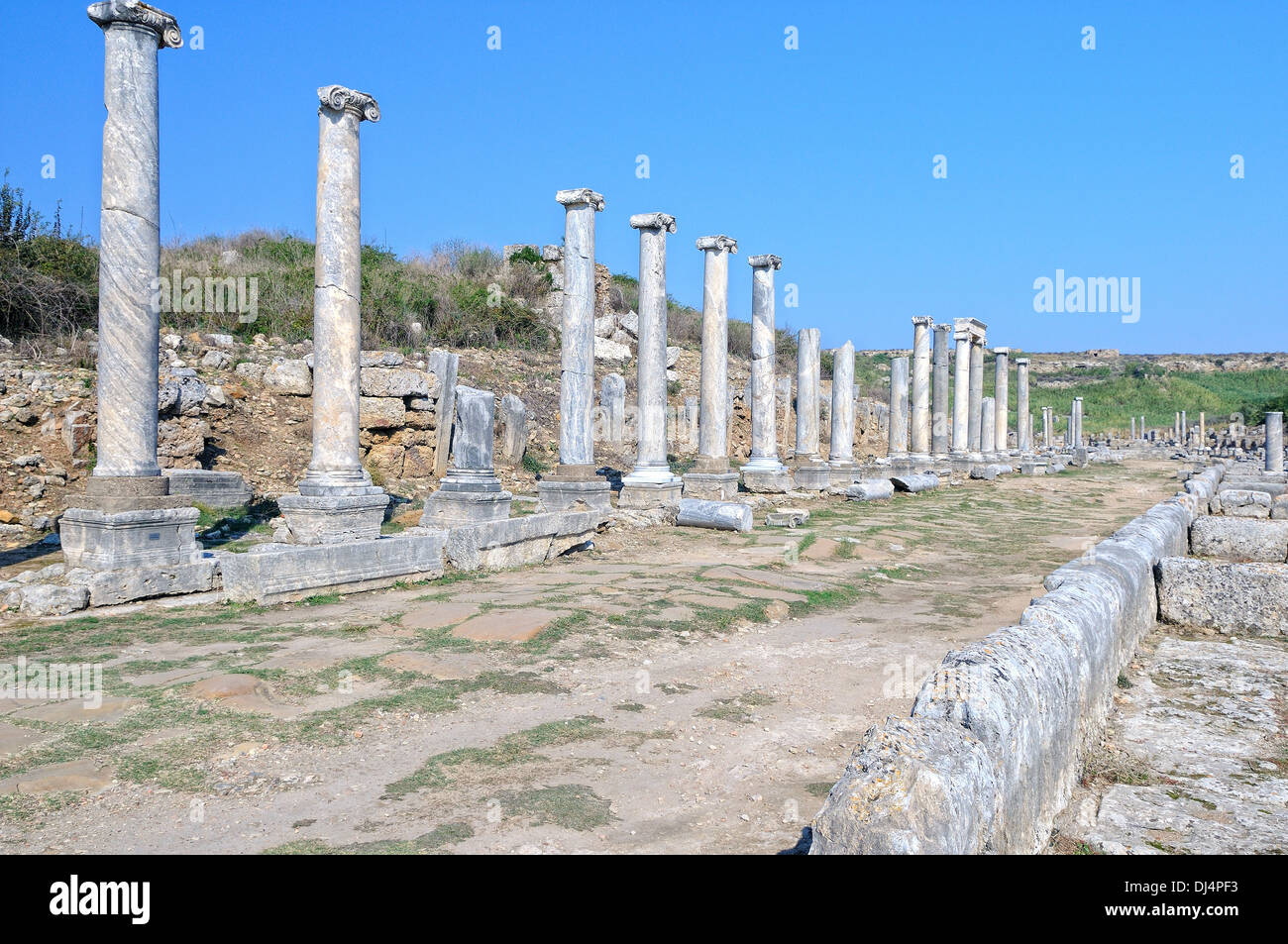 Perge colonnaded street and moat Turkey Stock Photo