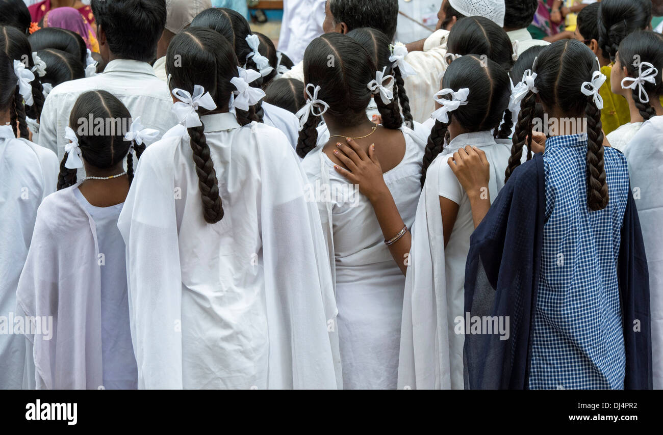 Group of Indian school girls watching a festival parade. Puttaparthi, Andhra Pradesh, India Stock Photo