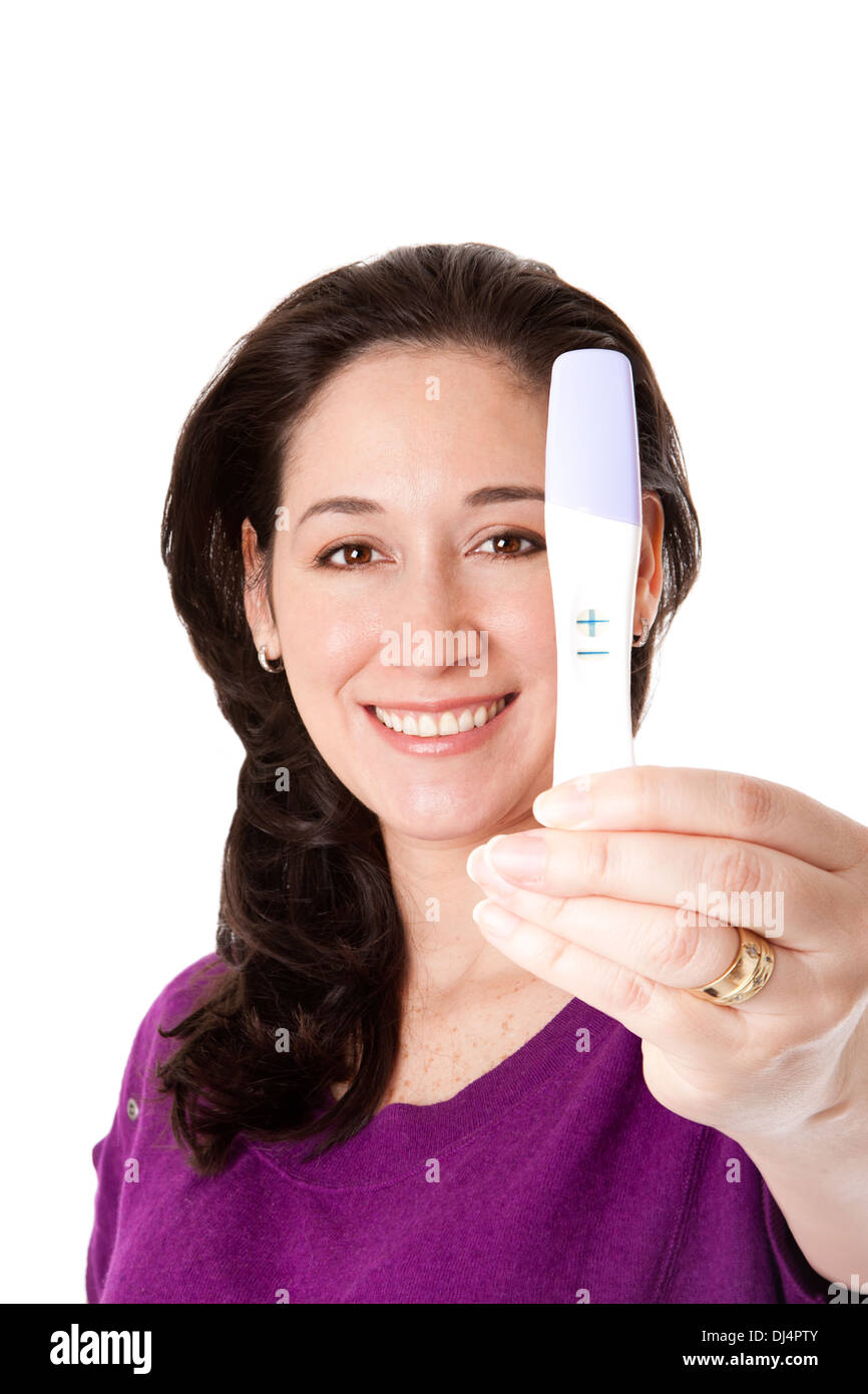 Happy woman - positive pregnancy test Stock Photo