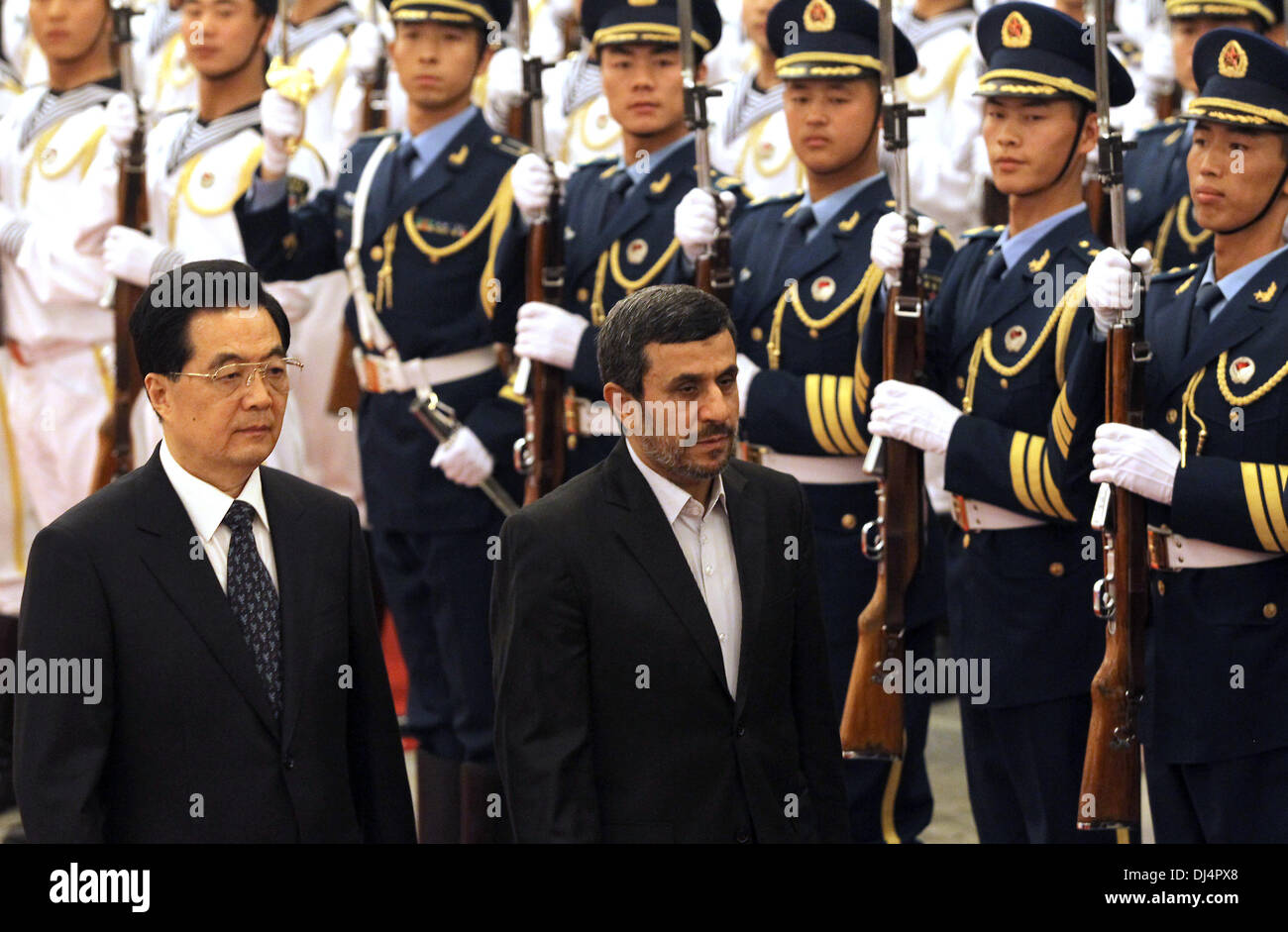 Beijing, CHINA, China. 8th June, 2012. Chinese President Hu Jintao and Iran's President Mahmoud Ahmadinejad attend a welcoming ceremony in the Great Hall of the People in Beijing on June 8, 2012. Chinese Premier Wen Jiabao on Wednesday told visiting Ahmadinejad that Beijing opposes any Middle Eastern country seeking to acquire nuclear weapons, the official Chinese Xinhua news agency reported. © Stephen Shaver/ZUMAPRESS.com/Alamy Live News Stock Photo