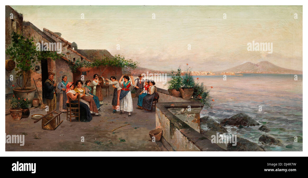 Vintage 1800's painting of Naples Bay and Vesuvius with locals playing and dancing Tarantella in foreground by Enrico Forlenza 19th Century Stock Photo