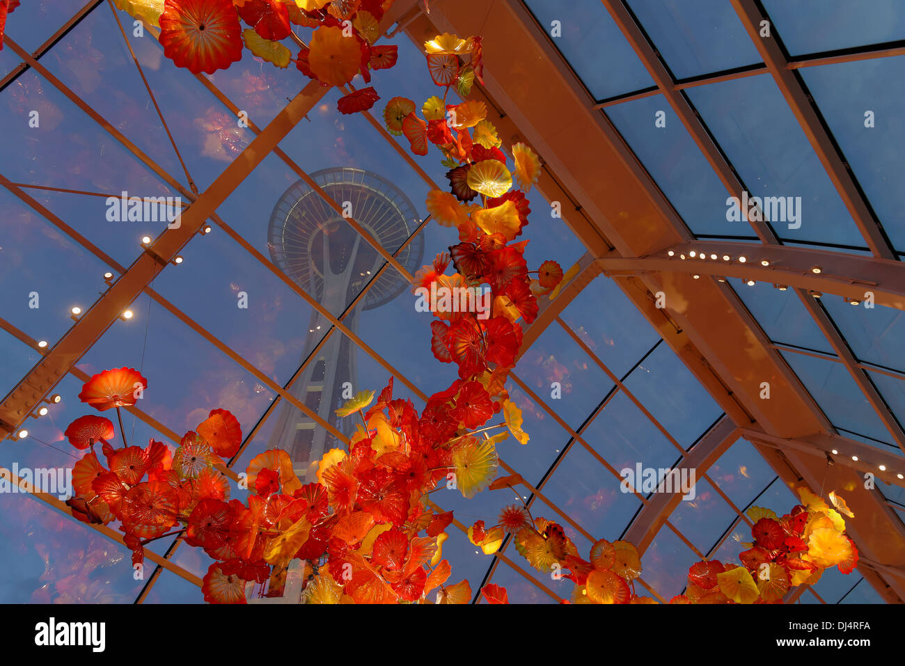 Space Needle seen through Glasshouse, Chihuly Garden and Glass, Seattle