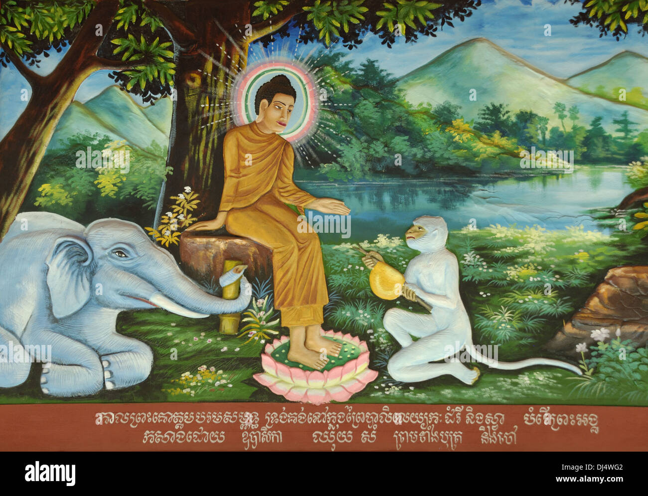 Buddha Mural at Wat Preah Prom Rath Stock Photo