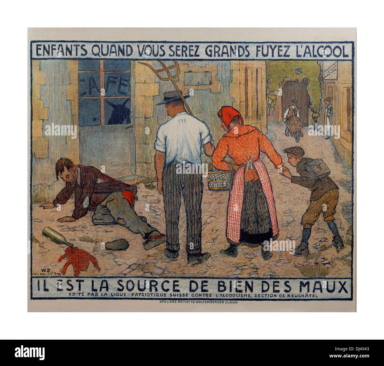1920's French poster warning children of the dangers of consuming excess alcohol Stock Photo