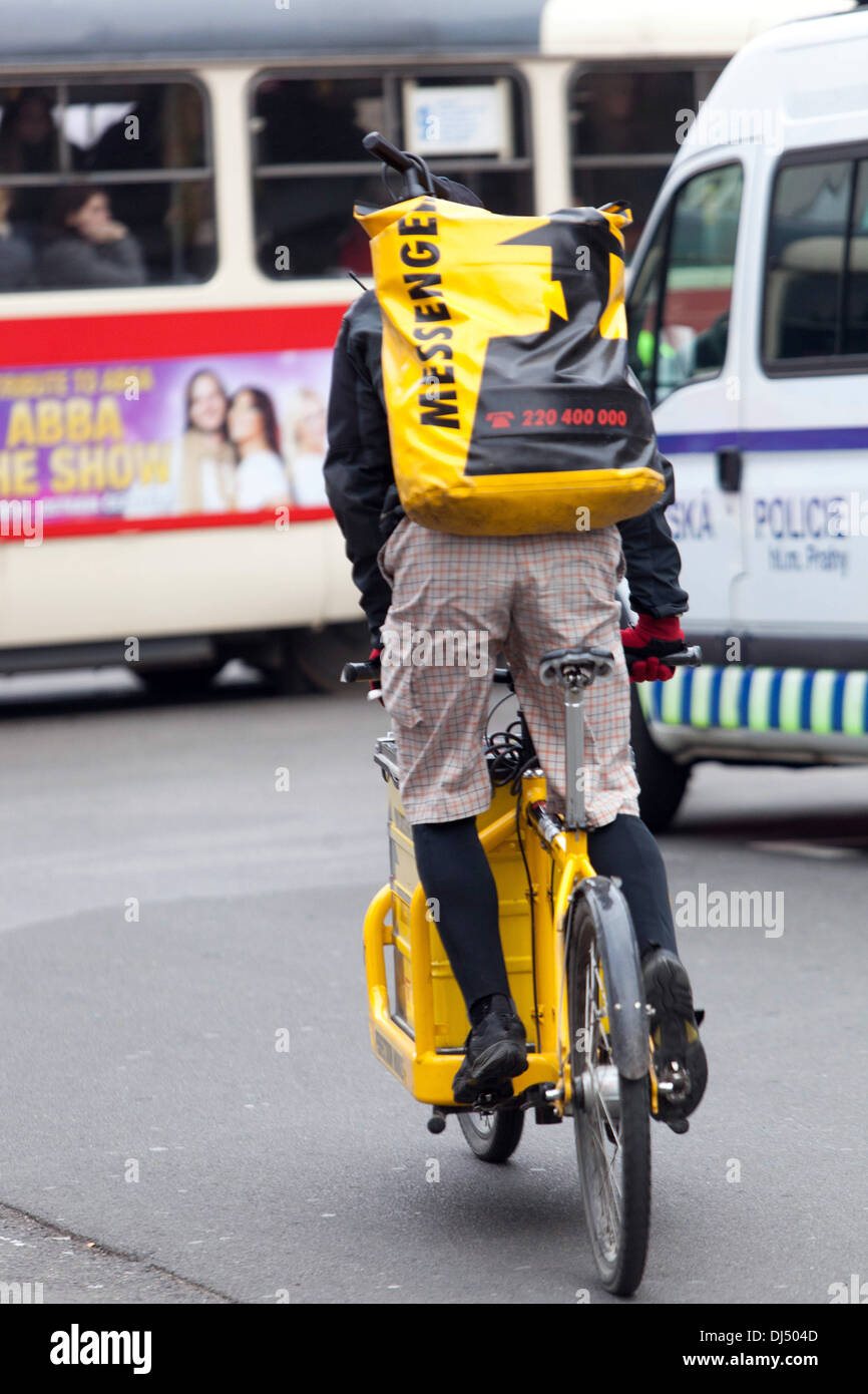 Biker messenger delivery service in the center of Prague Czech Republic Europe Stock Photo Alamy