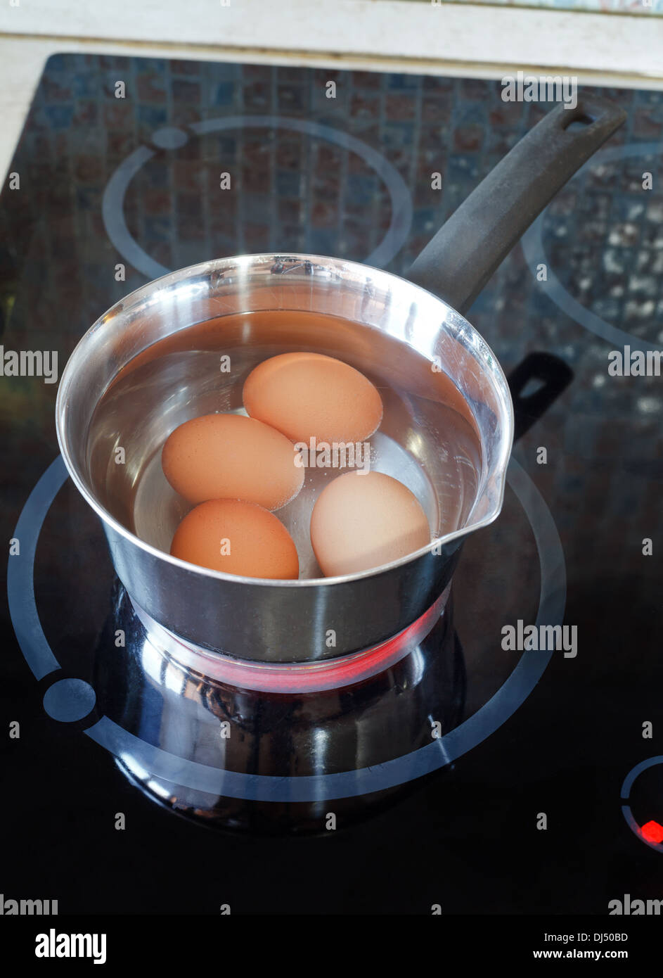 Chicken eggs are cooked in metal pot on electric stove in kitchen Stock Photo