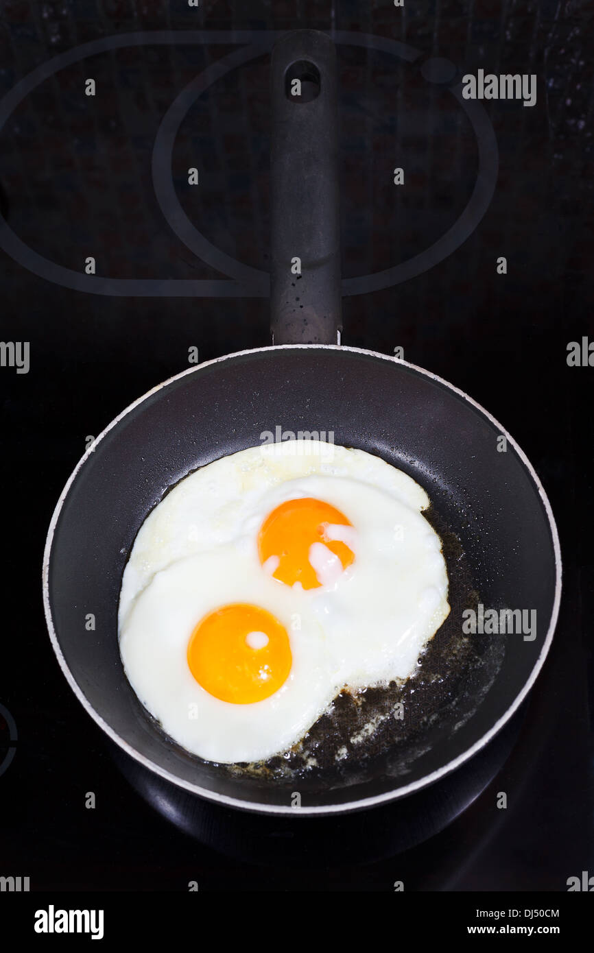 two prepared fried eggs in frying pan on electric stove Stock Photo