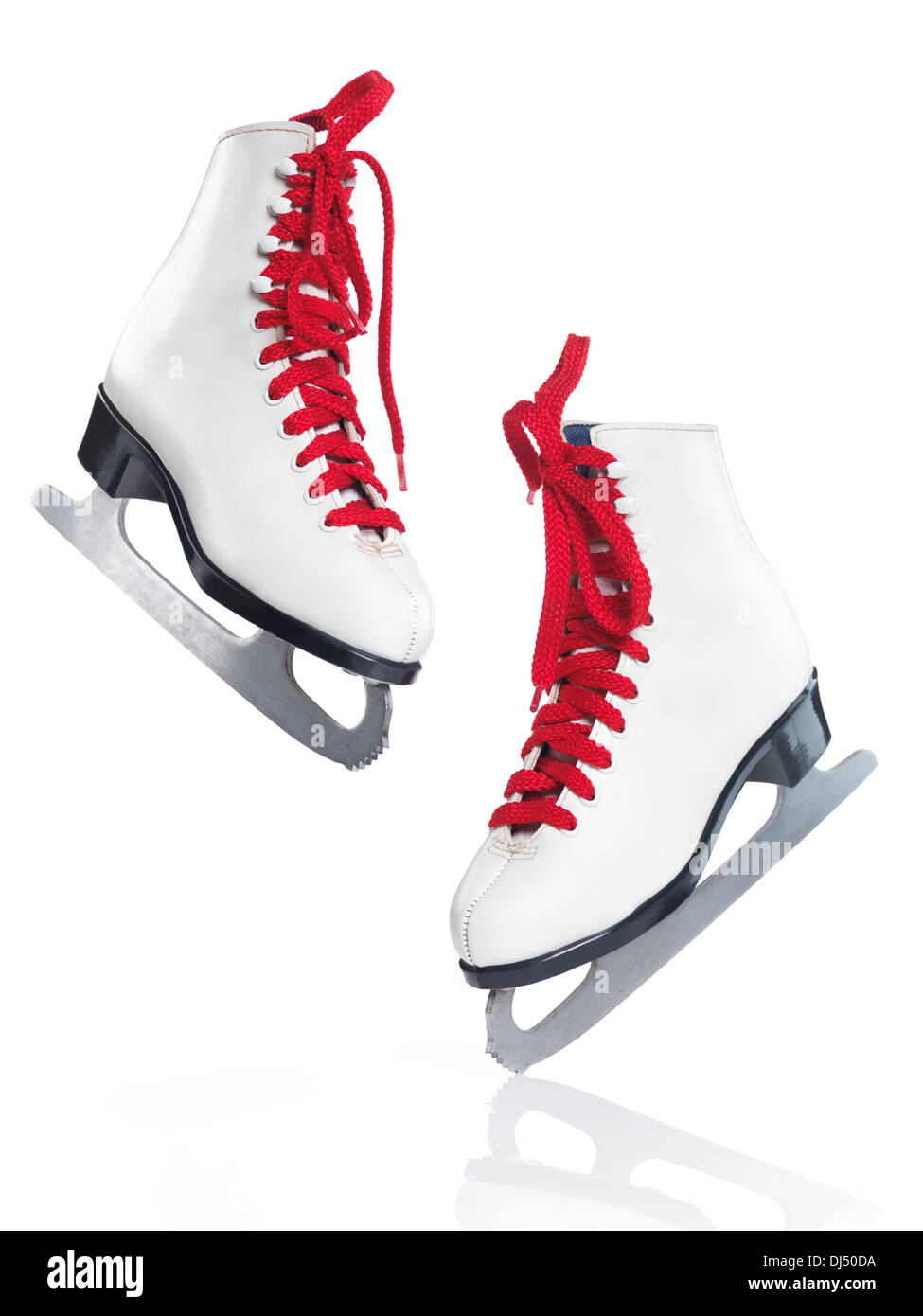 White ice skates with red laces artistic still life isolated on white background Stock Photo