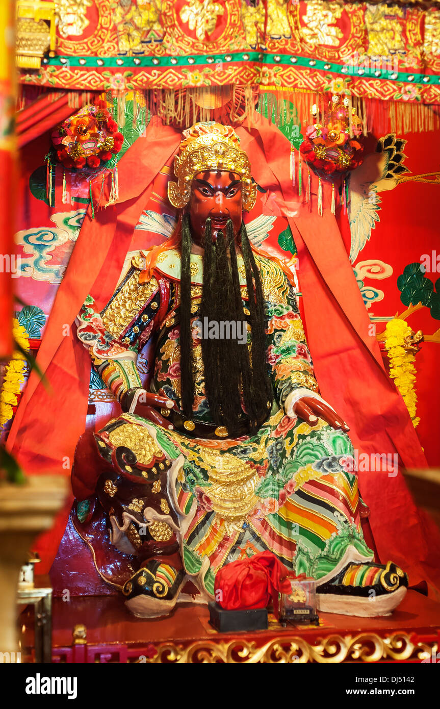 Statue of popular Chinese god Guan Yu inside Tin Hau Temple, Sai Kung, Hong Kong Stock Photo