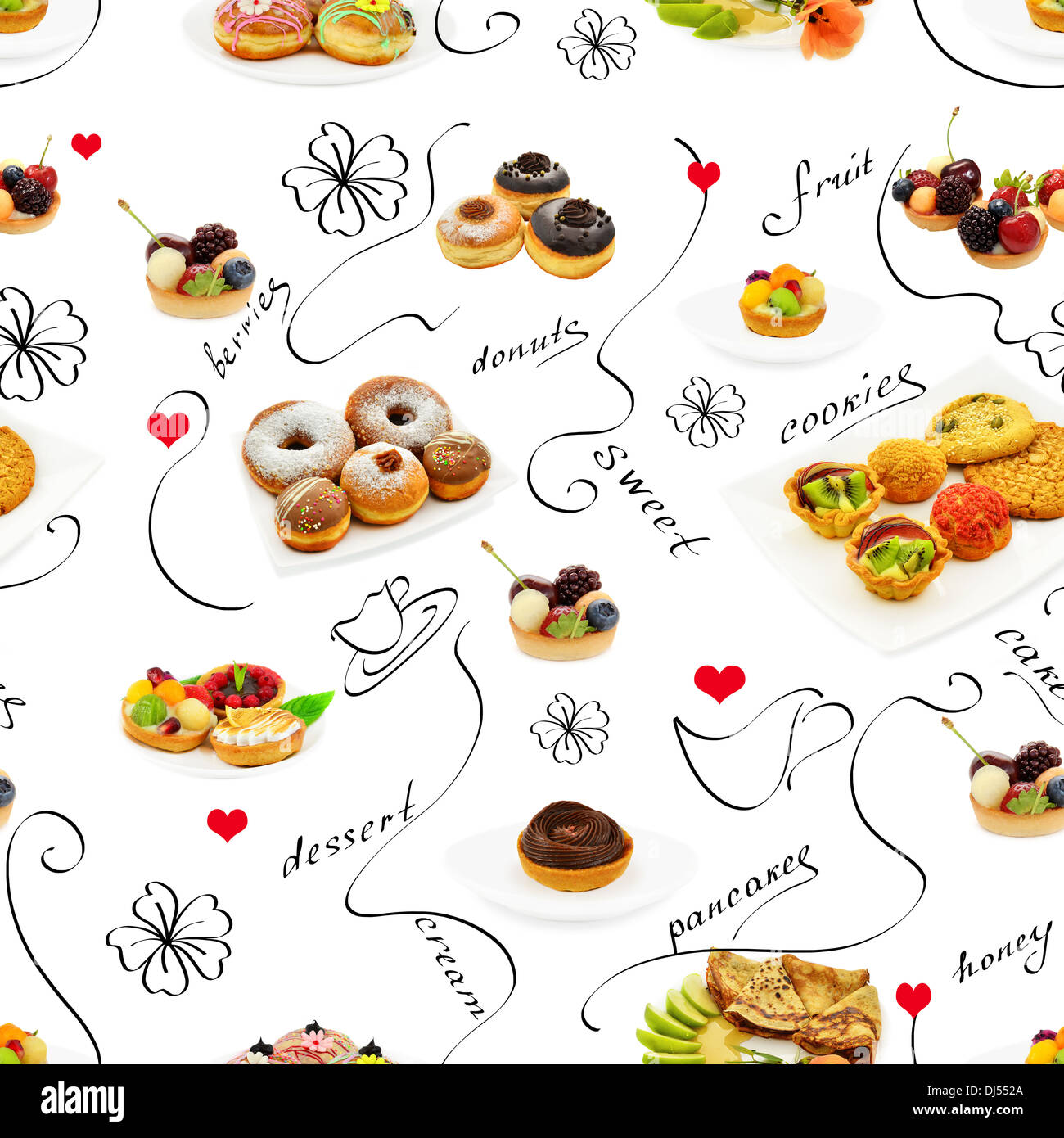 Seamless pattern and background with desserts and sketches. Stock Photo