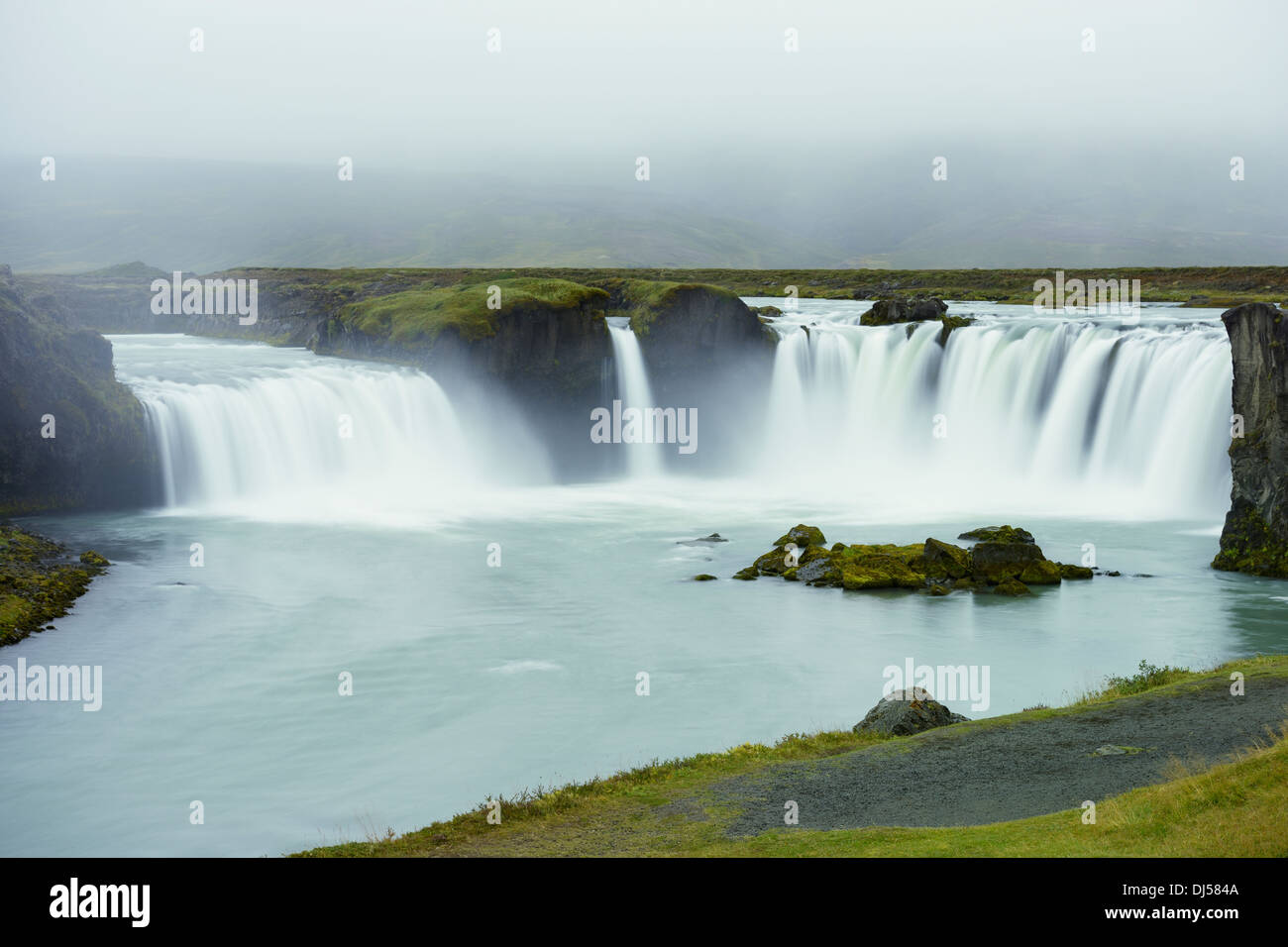 Godafoss Waterfall In The Rain, Waterfalls Of The Gods; Fossholl, Myvatn, Iceland Stock Photo
