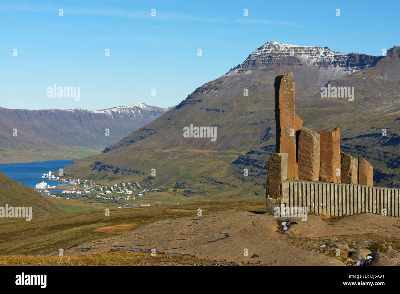 Monument representing A Link Between Egilsstadir And Seydisfjordur, Seydisfjordur Can Be Seen In The Valley; Iceland Stock Photo