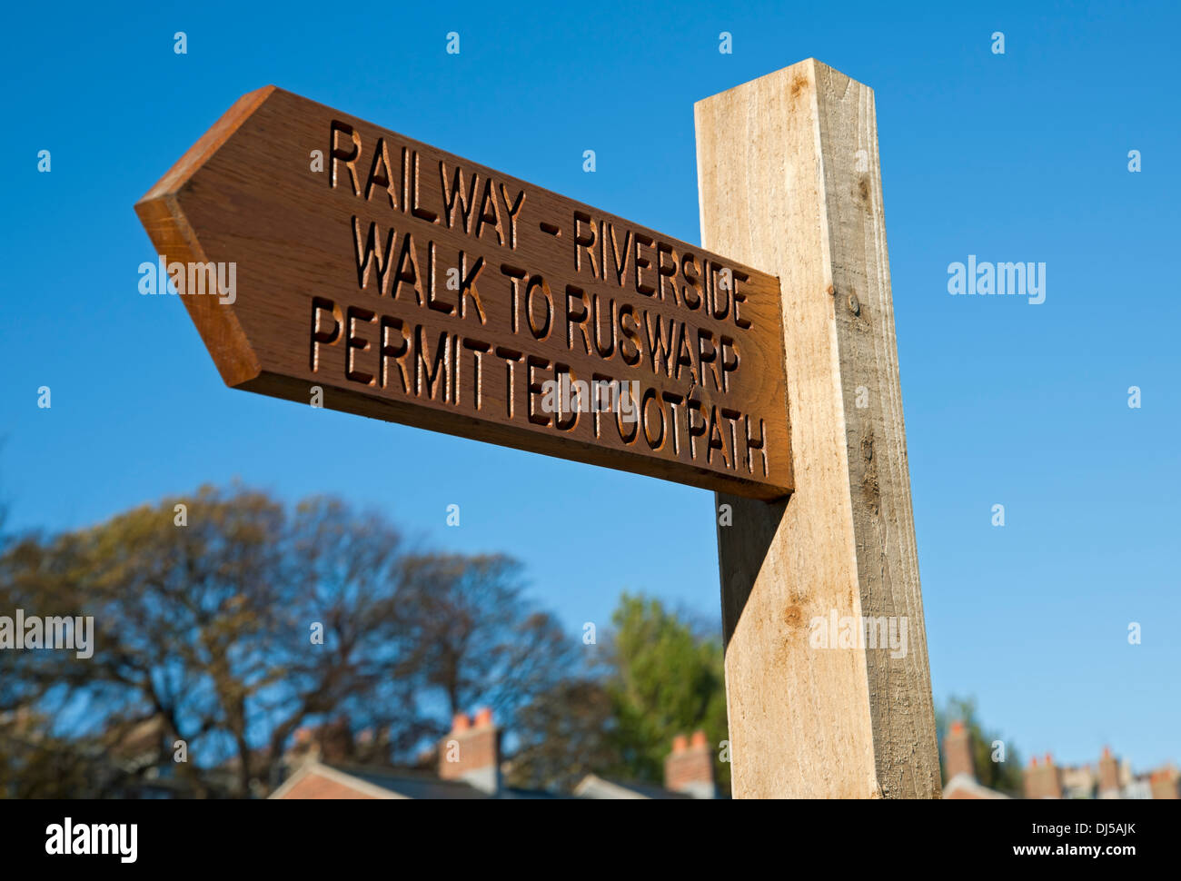 Close up of Wooden footpath path walk walking route sign Whitby North Yorkshire England UK United Kingdom GB Great Britain Stock Photo