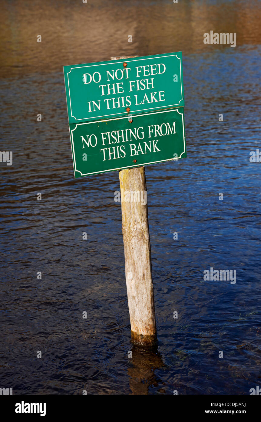 Close up of Do not feed the fish sign beside fishing lake pond river North Yorkshire England UK United Kingdom GB Great Britain Stock Photo