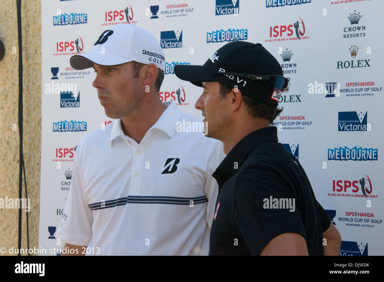 Adam Scott portrait with Matt kutchar usa golfer at royal melbourne golf club interview Stock Photo
