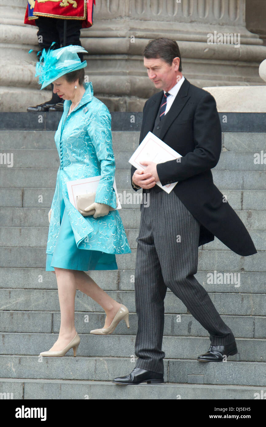 Princess Anne and Sir Timothy Laurence leaving the Queen's Diamond Jubilee thanksgiving service at St. Paul's Cathedral London, England - 05.06.12 Stock Photo