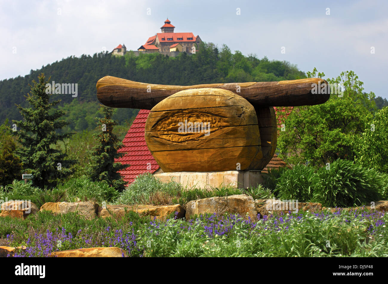 Wooden monument of a fried sausage, Germany Stock Photo