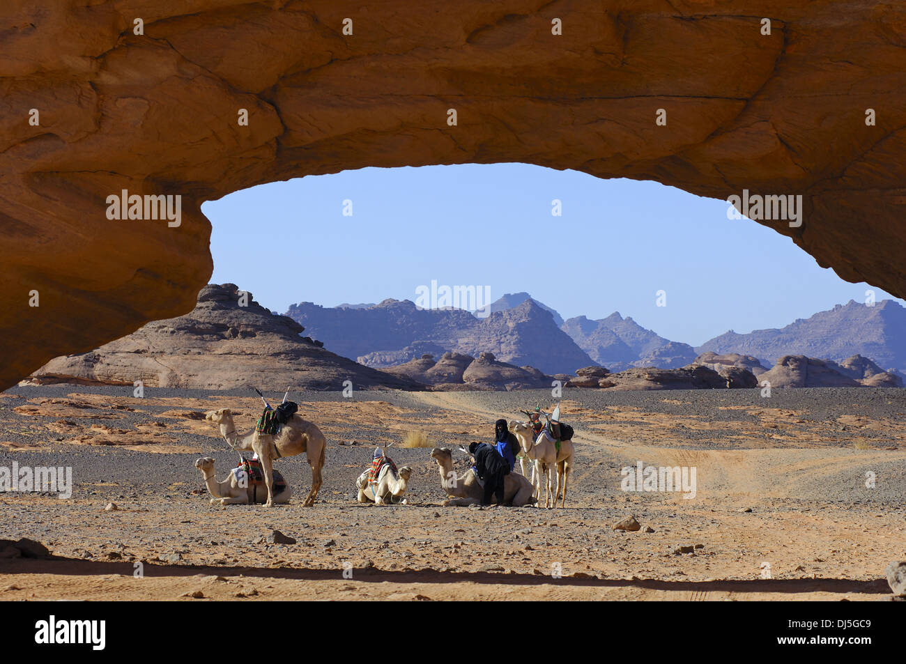Camel caravan at a rock arch, Sahara desert Stock Photo