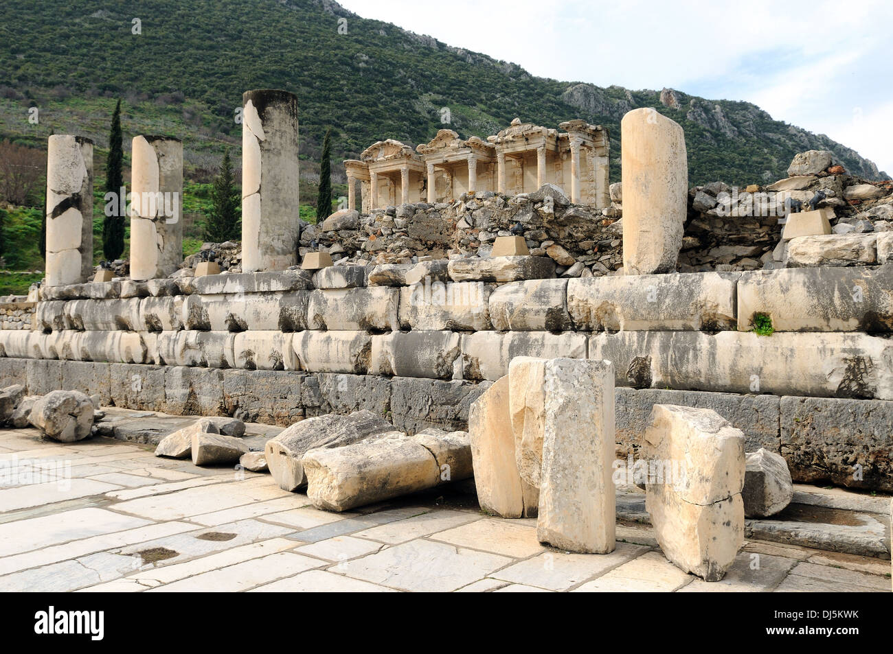 Ephesus Celsus Library with marble road Stock Photo