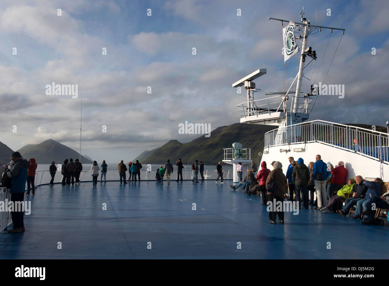 View from the ferry 'Norroena' to the Faroe Islands, boat passage between the Islands of Eysturoy and Kalsoy, Denmark, Europe Stock Photo