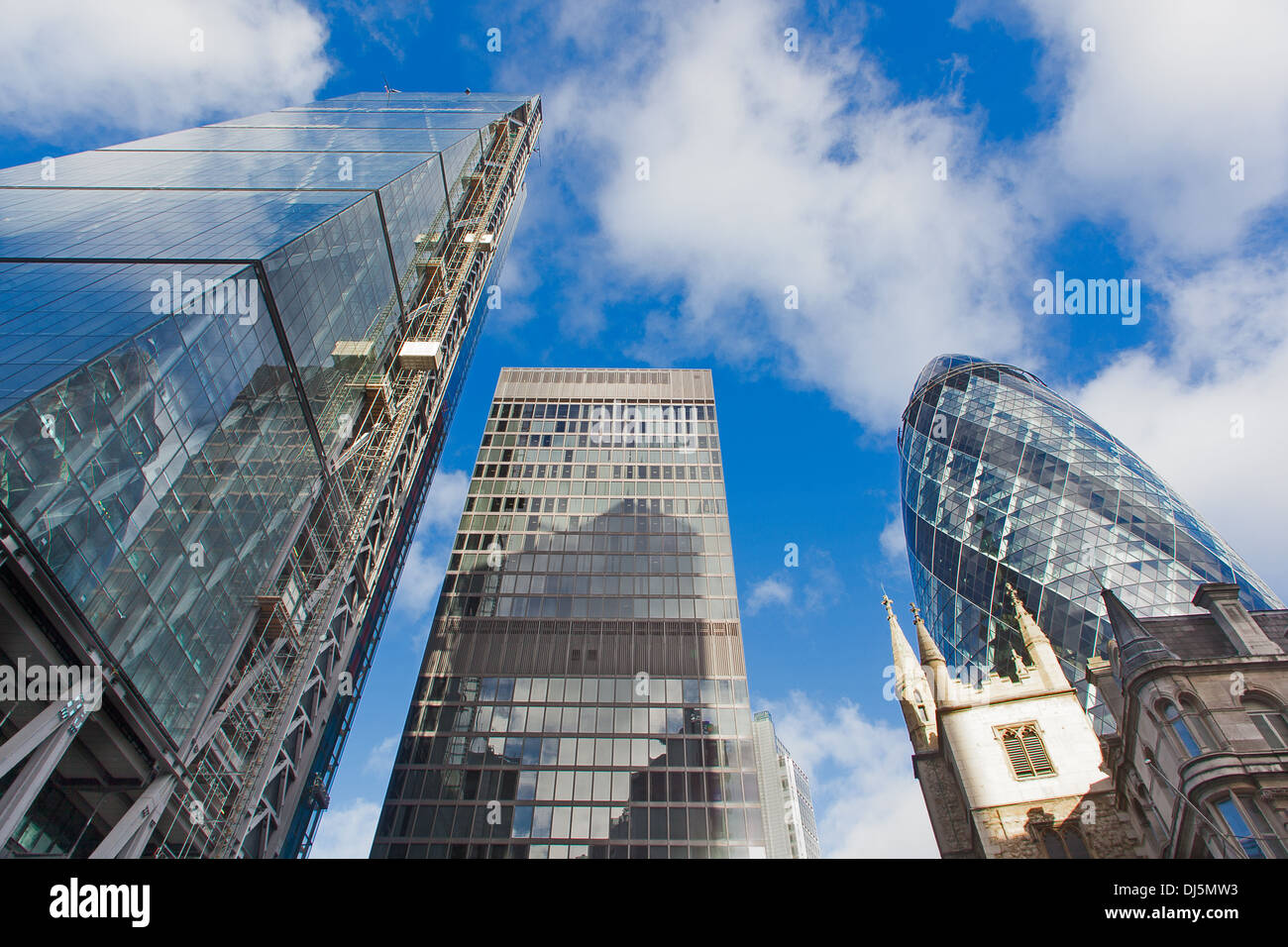 A worm's eye view of the City of London skyline, with the Leadenhall Building, (the Cheese Grater) and the Gherkin prominent Stock Photo
