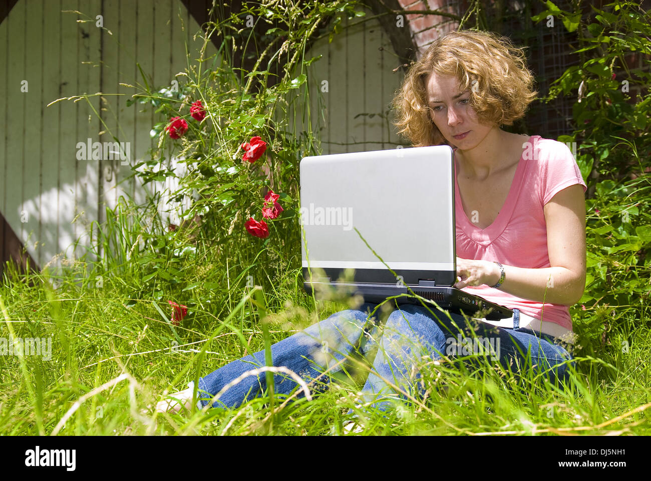 Girl and laptop outdoor Stock Photo