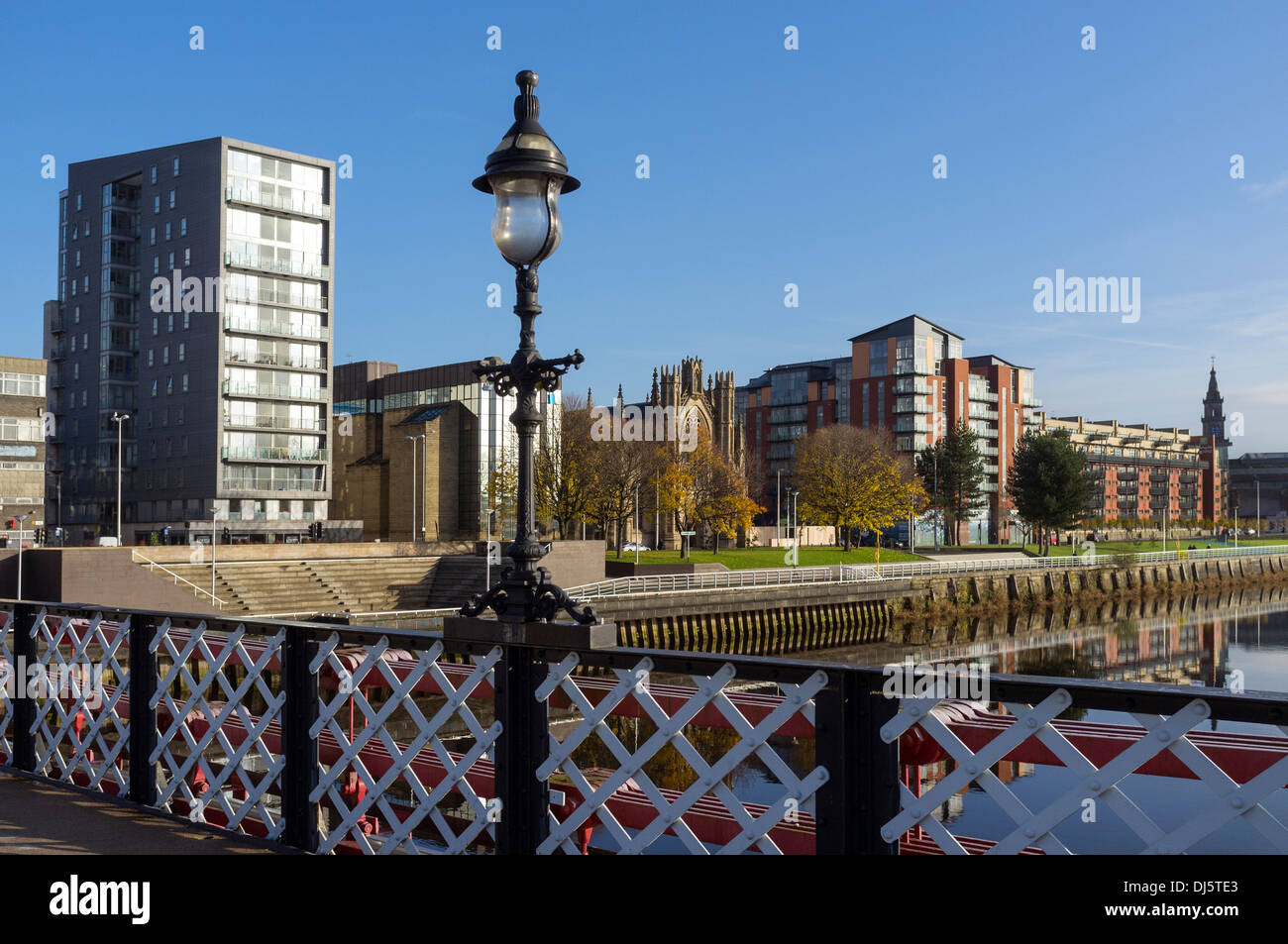 View east on River Clyde towards Broomielaw from the South Portland Street Suspension Street footbridge, Glasgow, Scotland Stock Photo